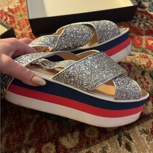 Gucci Silver Glitter Platform Sandals with Red and Blue Stripes